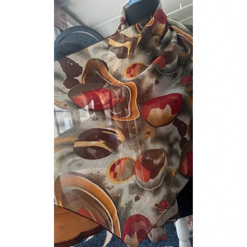 Vintage Celestial Space Planet Print Sheer Chiffon Scarf Brown Rust  20x64